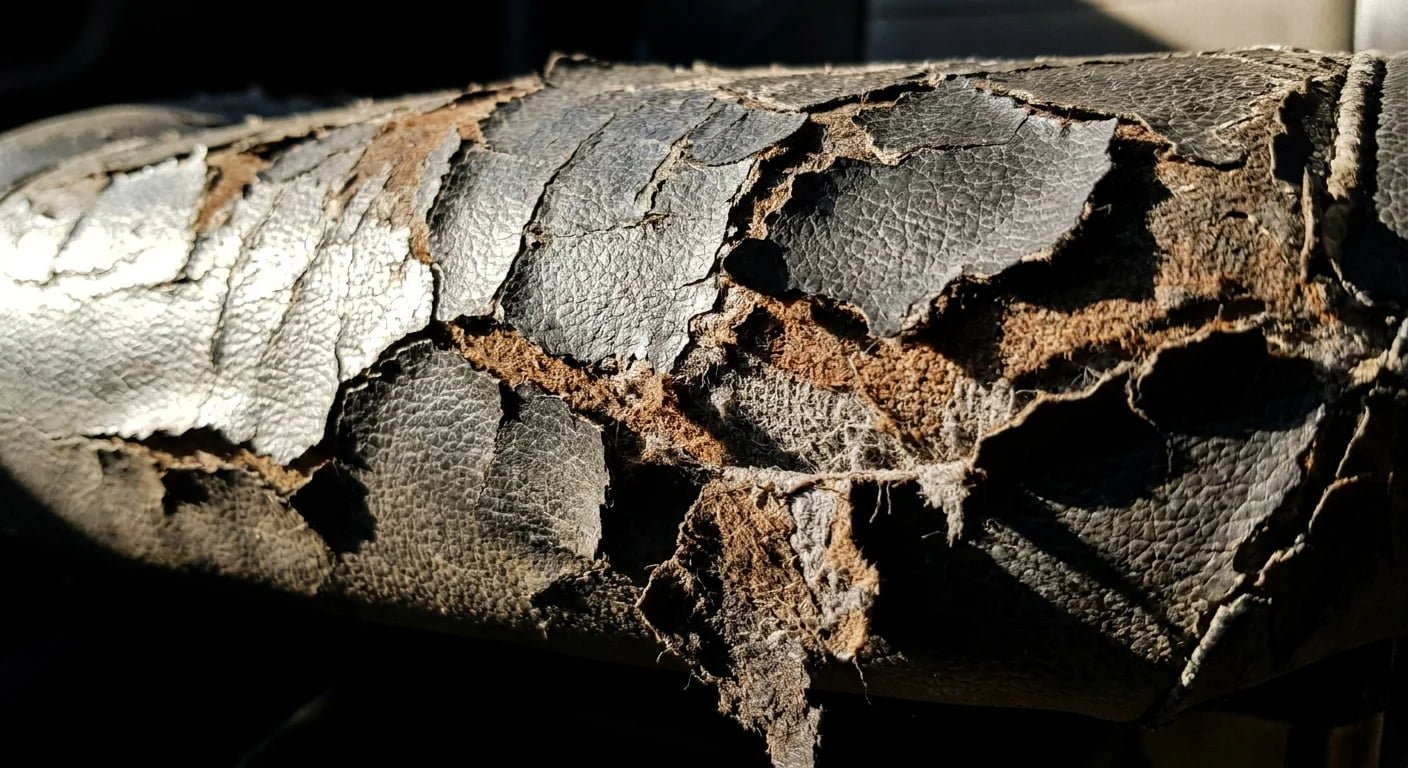 Material Failure and Hidden Costs A cracked and peeling synthetic leather product