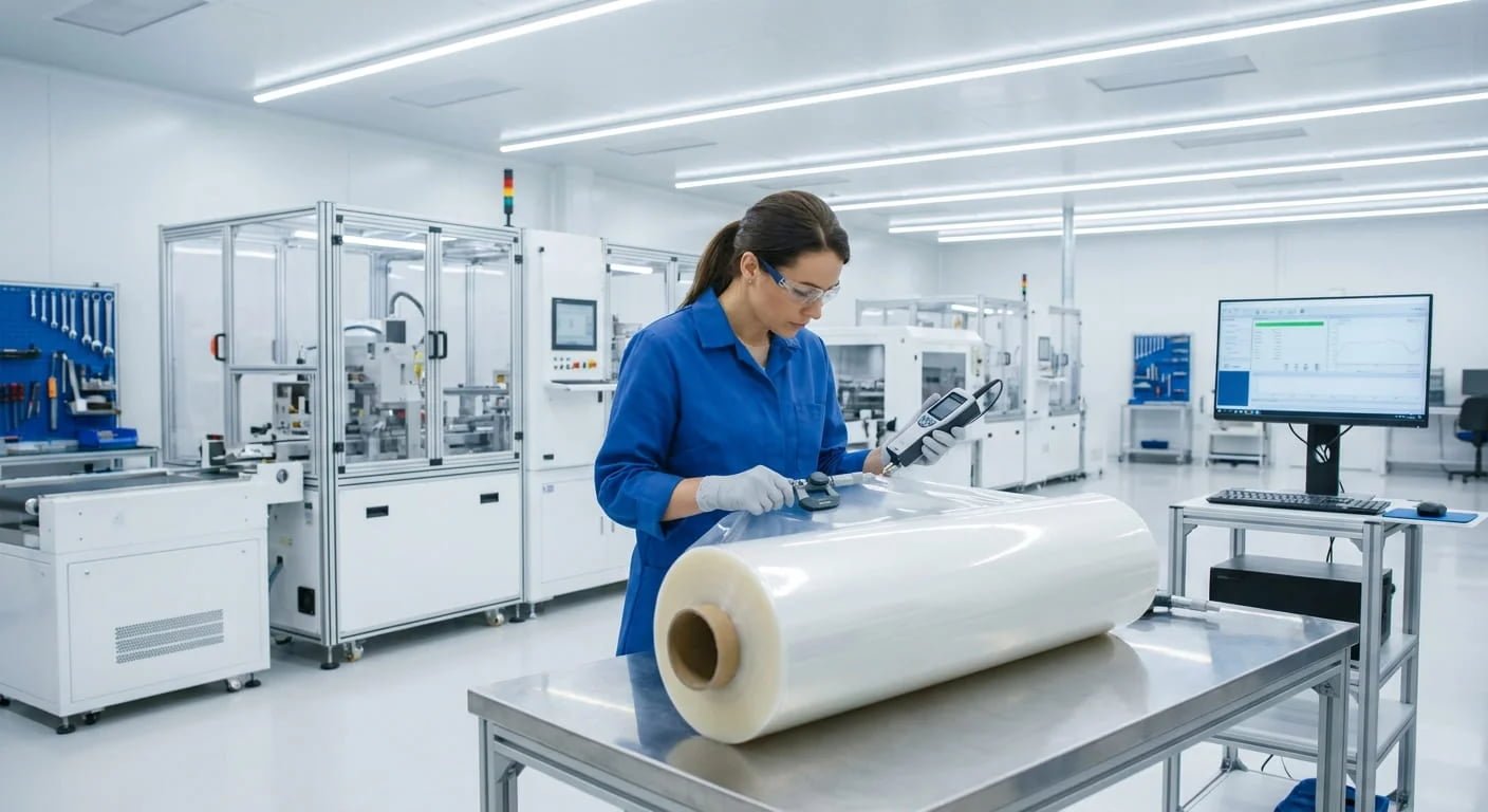 Quality Control for TPU Film A quality control manager inspecting a roll of TPU film