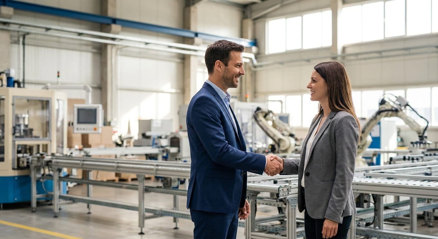 Two business people shaking hands in a factory setting, sealing a partnership