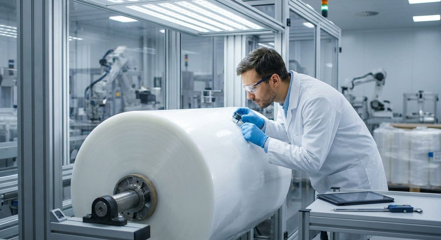Inspecting TPU Film Quality A quality control expert inspecting a roll of white TPU film in a factory