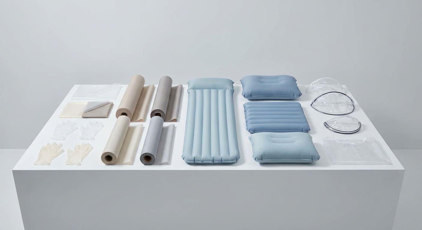 Various TPU Film Applications A collection of different products made with TPU film, like gloves, curtains, and medical supplies