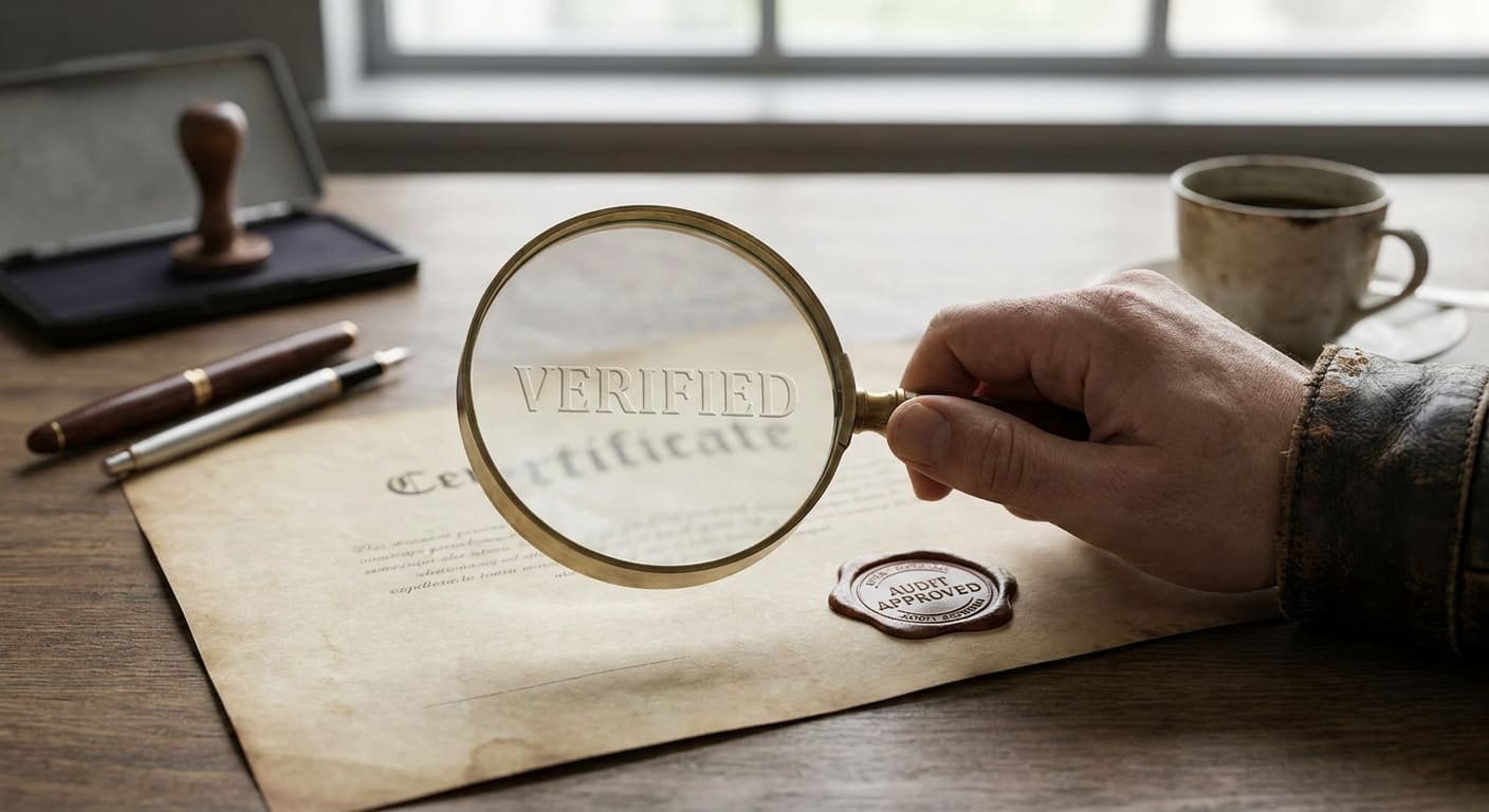 Verifying Supplier Certifications A person's hand holding a magnifying glass over an official-looking certificate