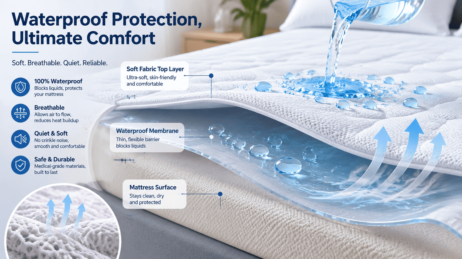 A close-up of a waterproof mattress protector showing the fabric texture and underlying TPU film